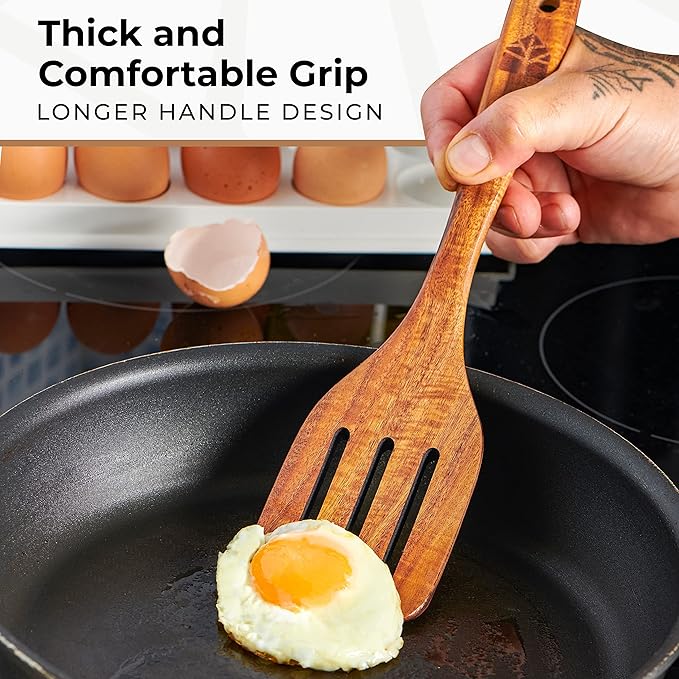 Wooden Spatula for Cooking, Teak Spatulas for Kitchen Use - Wooden Cooking Utensils Set of 4 including Paddle, Turner, Slotted Spurtle and Wood Scraper. Nonstick cookware.