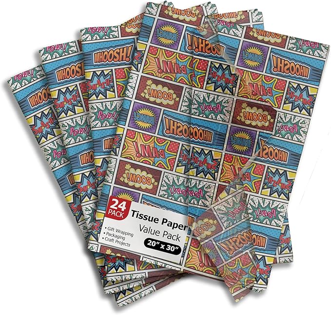 Pro Supply Global Superhero Comic Book Printed Tissue Paper for Boy's Gift Bags or Boxes and Wrapping - Bulk Decorative Art Tissue Paper for Packaging and Gifting | 24 Sheets 20" x 30"