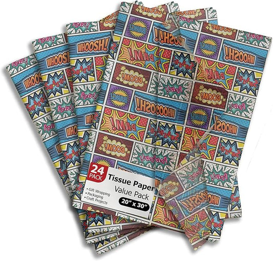 Pro Supply Global Superhero Comic Book Printed Tissue Paper for Boy's Gift Bags or Boxes and Wrapping - Bulk Decorative Art Tissue Paper for Packaging and Gifting | 24 Sheets 20" x 30"