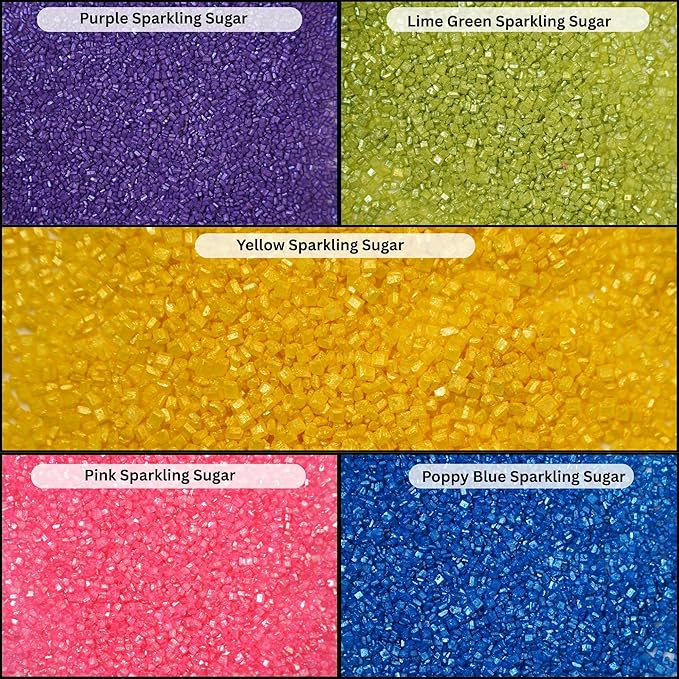 Confect Sparkling Sugar for Baking & Cake Decoration | Assorted pack of 5 Rainbow Sparkling Sugar Sprinkles Mix Purple, Parrot Green, Yellow, Bright Pink & Poppy Blue | Vegan, Gluten-Free, Nut-Free, Soy-Free, Dairy-Free, Palm Oil-Free - 5 Oz
