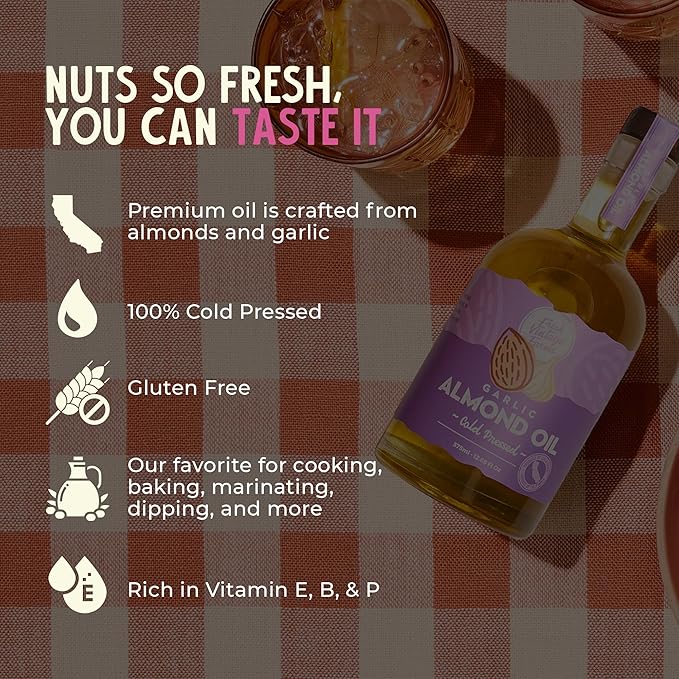 Fresh Vintage Farms Garlic Infused Almond Oil | Cold Pressed Garlic California Almond Oil | Cold Pressed & Flavorful Cooking Oil for Grilling, Baking, Dipping, & Salads | 12.68 Fl oz, Pack of 6