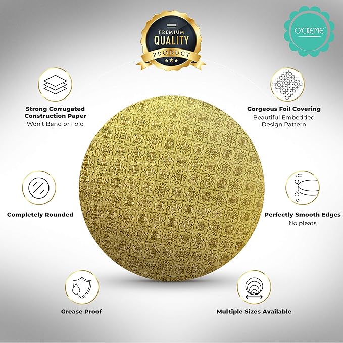 O’Creme Cake Board, Gold Foil Round Cake Circles with Gorgeous Design, Sturdy & Durable 1/2” Thick Cake Drums, Round Cake Boards with 18” Diameter, Pack of 5 Disposable Cake Drums