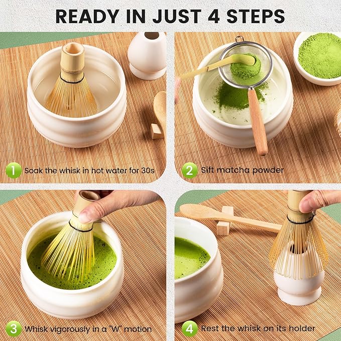 COANTO Matcha Whisk Set - Includes Sifter Bamboo Whisk (Chasen), Tea Spoon, Spoon Holder, Scoop and Whisk Holder, 6pcs (No Bowl Included)
