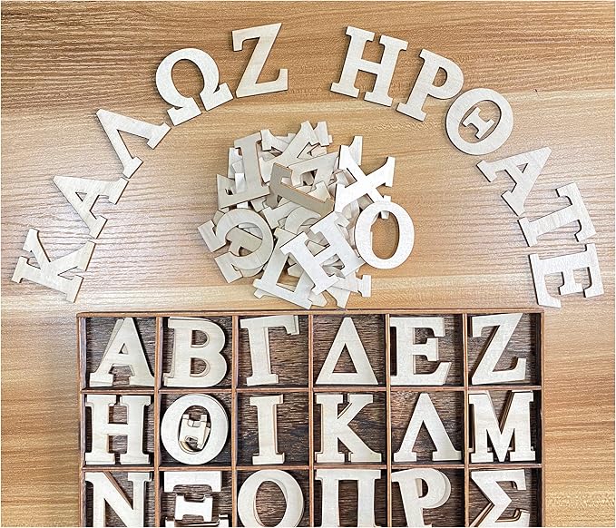 2 Inch 120 Pieces Wooden Greek Letters Bold Font Unfinished Wood Greek Alphabets with Rustic Tray for Large Paddles Embellishment/Sorority/Fraternity/DIY Project/Learning/Wall Decor