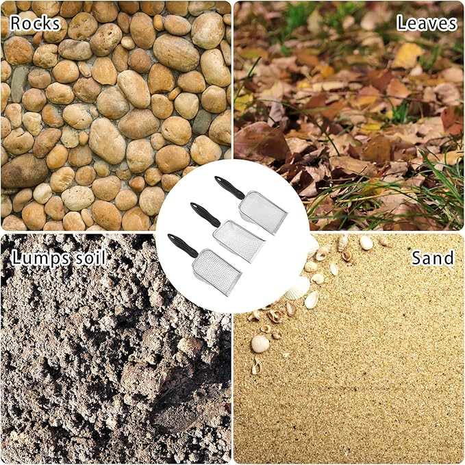 3 PCS Soil Sifter for Gardening, Garden Sand Compost Sieves with Handle for Sand, Rocks, Dirt, Compost Stainless Steel Sand Soil(0.2/0.15/0.11 in Mesh)