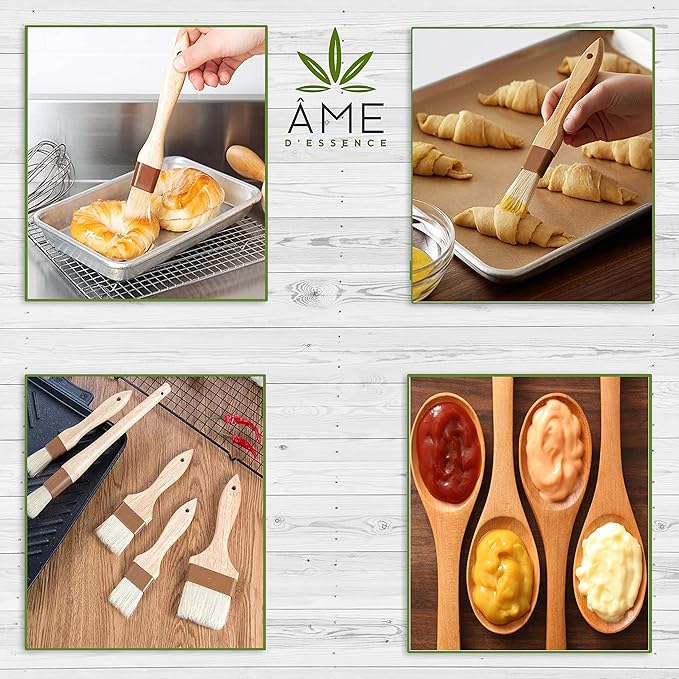 (Set of 3) AME D'ESSENCE 1"x 2" x4" Wide Boar Pastry Brushes, Wooden Handle, Heat Resistant Bristle Basting Brush, Baking Tool, and Food Preparation