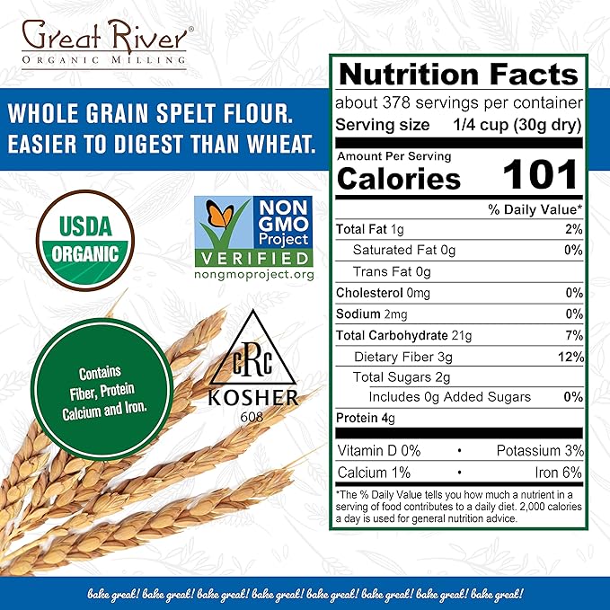 Great River Organic Milling Organic Spelt Flour | Whole Grain Ancient Wheat Flour | USDA Organic, Non-GMO, Kosher | High Fiber, Mild Flavor | Ideal for Baking Breads, Muffins & More | 25 Lb (Pack of 1)