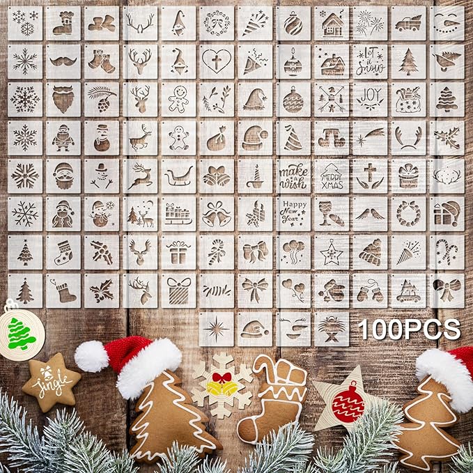 100 Pcs Stencils for Painting on Wood Reusable Stencil Crafts Drawing Templates Holiday Wall Paper for DIY Scrapbook Home 2 x 2 Inch(Santa Style)