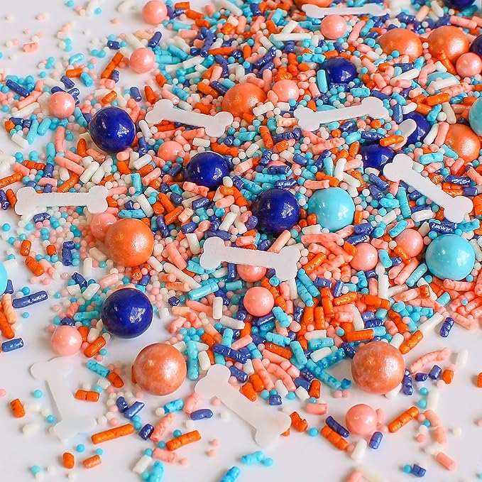 Sprinkle Pop Oh Biscuits! Sprinkle Mix | Blue Orange White Peach Sprinkles with ~20 Dog Bones Wafer Papers| Bluey Themed Sprinkles Made in USA for Decorating Birthday Cakes Cookies Cupcakes, 4oz
