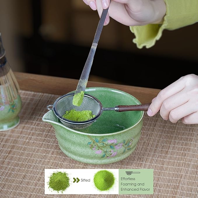 7-Piece Matcha Set, Ceramic Matcha Bowl, Bamboo Whisk (Chasen), Whisk Holder, Sifter, Tea Scoop & Scoop Rest, Special Bamboo Tea Mat, Harmonious Color Matcha Making Kit, Green
