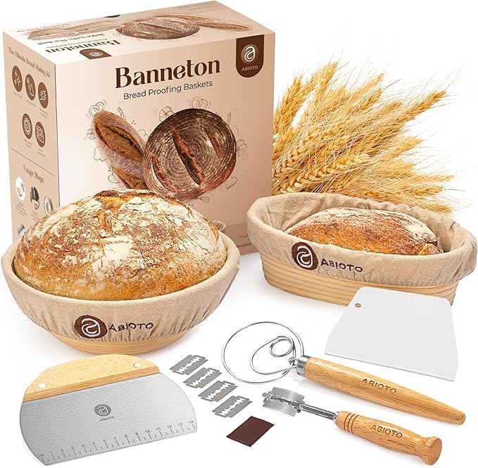 Sourdough Bread Making Kit - 9″ Round & 10″ Oval Banneton Proofing Baskets, Danish Dough Whisk, Bread Lame (5 Blades), Bench & Bowl Scrapers, Linen Liners - Complete Bread Making Tools