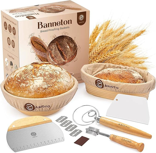 Sourdough Bread Making Kit - 9″ Round & 10″ Oval Banneton Proofing Baskets, Danish Dough Whisk, Bread Lame (5 Blades), Bench & Bowl Scrapers, Linen Liners - Complete Bread Making Tools