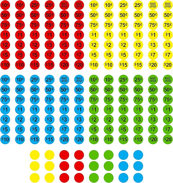 3840 PCs Garage Sale Flea Market Prepriced Pricing Stickers in Bright Colors (Yellow/Red/Green/Cyan), 3/4"in Diameter