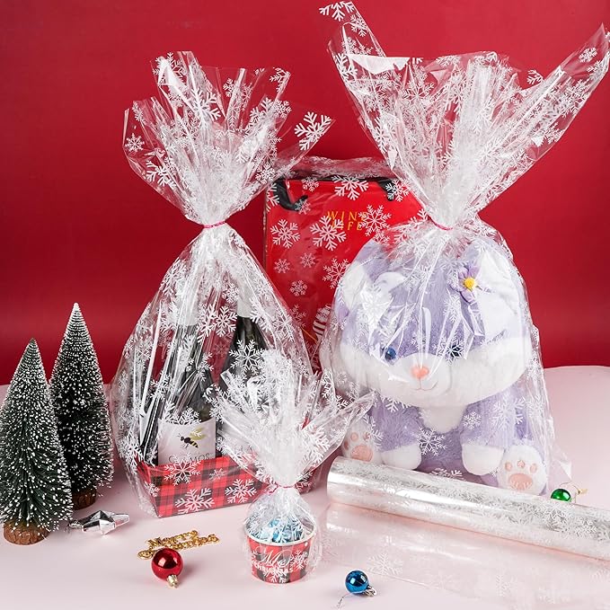Kolewo4ever 100 Ft X 32 in Christmas Cellophane Wrap Roll Snowflake Clear Wrapping Paper Cellophane Bags Thick Snowflake Wrap Cellophane for Christmas Gift Wrapping (Christmas Snowflake)