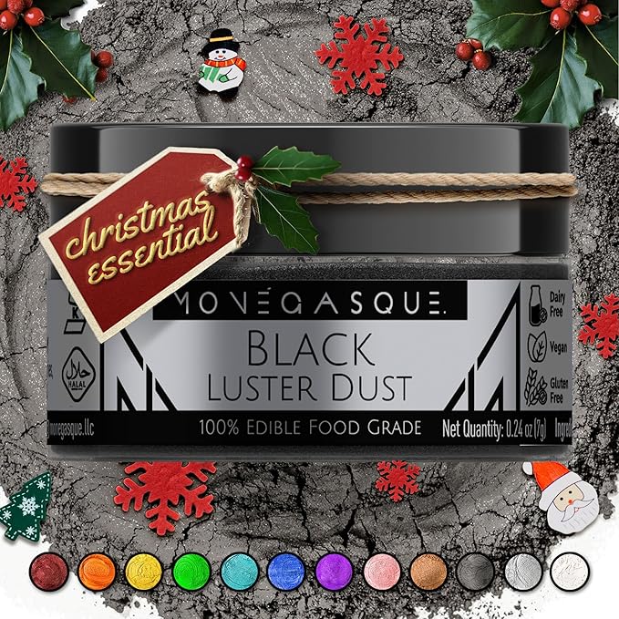 MONÉGASQUE Black Edible Glitter for Drinks 7g – Edible Glitter for Cakes & Cocktails - Black Luster Dust for Cocktail & Christmas cake Decorations - Drink, Food Decorations, & Cake Decorating Spray