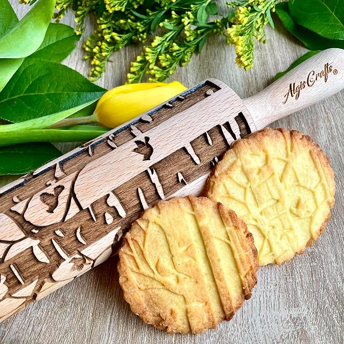 Embossing Rolling Pin BIRCH. Engraved Wooden Embossed Dough Roller for Embossed Cookies or Clay by Algis Crafts
