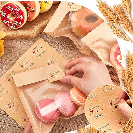 Outus 700 Pcs Cookie Packaging Bags with Seal, 7.1 x 7.5 Inch Bakery Pastry Bags with Window, Heat Sealable Grease Resistant Paper to Go Bake Sleeves for Gift Giving Donut Bread Sandwich (Brown)