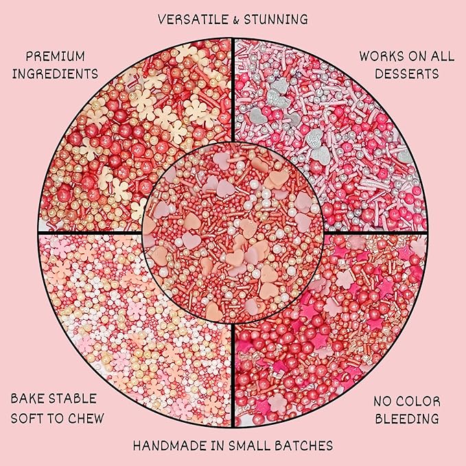 Confect Pretty in Pink, Gold & White Flower & Pearl Sprinkles Mix – Heart & Star Edible Sprinkles for Cakes, Cupcakes, Cookies – Valentine’s Day Baking Decorations – Pack of 5 - Vegan, Gluten-Free, Nut-Free, Soy-Free, Dairy-Free, Palm Oil-Free- 5 Oz