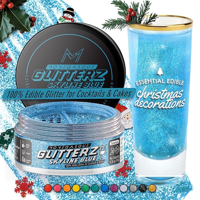 MONÉGASQUE Skyline Blue Edible Glitter for Drinks 10g – Blue Edible Glitter for Cakes & Cupcakes - Food Decorating Sprinkles & Christmas Cake Decorations Spray - Beverage & Cocktail Drink Flakes