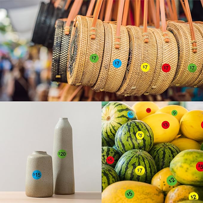 4416 PCS Pre-Priced Pricing Stickers, Sale Labels in 4 Bright Colors (Yellow/Red/Green/Cyan), Price Tag Stickers for Yard/Garage Sale, Flea Market (3/4” in Diameter)