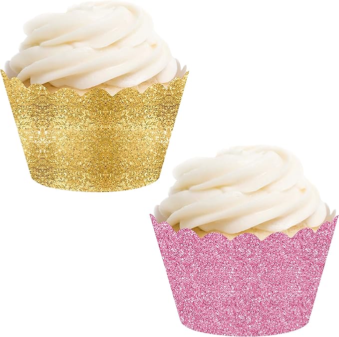 Andaz Press Party Cupcake Wrapper Decorations, Faux Pink And Gold Glitter, Not Real Glitter, 24-Pack, Theme Colored Bulk Cake Supplies, Not Real Glitter Gold Cupcake Wrappers Cupcake Sleeves