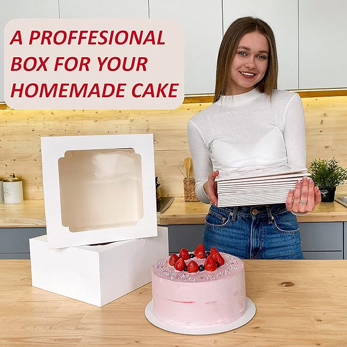 12x12x6 Bulk 20 Pcs Cake Boxes 12 Inch with Window Clear Bakery Dessert Box Square White Large Disposable Pie Boxes Package for Bake Goods Paper Pastry Packaging Delivery Box (80 Pcs Stickers)