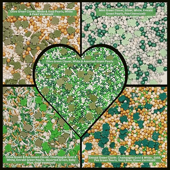 Confect St. Patricks Green ,White and Gold Pearl, Vermicelli Edible Sprinkles for Baking & Cake Decorative | Cookie Sprinkles mix Pack of 5 | Vegan, Gluten-Free, Nut-Free, Soy-Free, Dairy-Free, Palm Oil-Free - 5 Oz