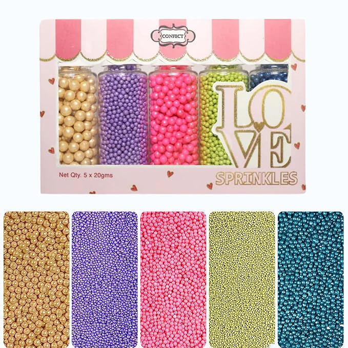 Confect Pearl Sprinkles | Pack of 5 Tropical Tea Party Disco Ball Sprinkles | Mix Golden, Purple, Neon Pink, Lime Green & Navy Blue Pearl Dragees - Vegan, Gluten-Free, Nut-Free, Soy-Free, Dairy-Free, Palm Oil-Free, No Artificial Dyes - 5 Oz