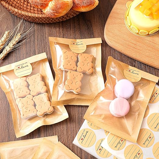 Outus 200 Pcs Cookie Packaging Bags with Seal, 4 x 6 Inch Bakery Pastry Bags with Window, Heat Sealable Grease Resistant Paper to Go Bake Sleeves for Gift Giving Donut Bread Sandwich (Brown)