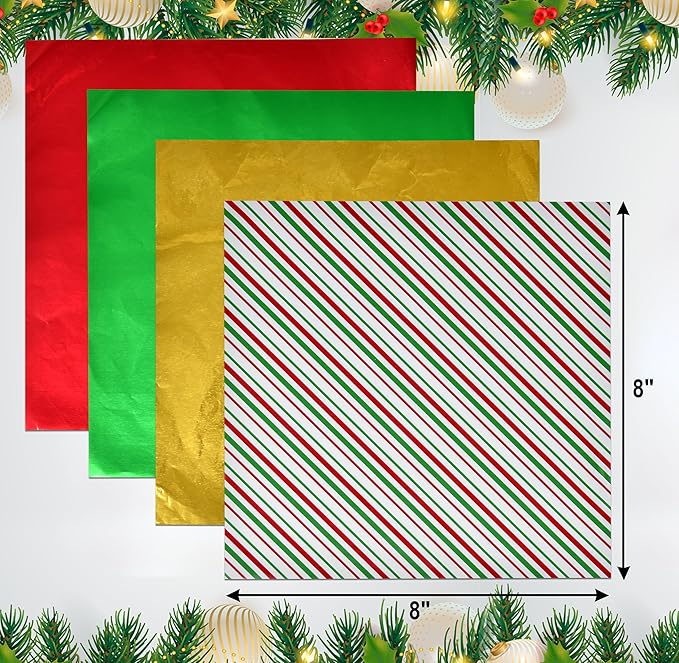 Gift Boutique Christmas Foil Chocolate Bar Candy Wrappers Hot Chocolate Bomb Aluminum Tin Wrapping Paper 200 Pieces Decor Wrapper Papers for Holiday Baking Homemade Food Party Favor 8" x 8" Squares