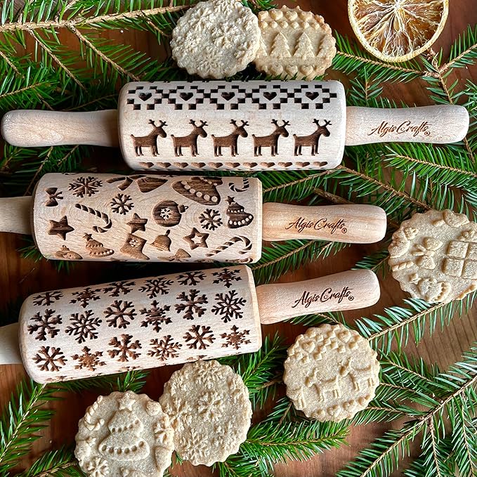 CHRISTMAS 3 KID ROLLING PIN SET WOODEN LASER ENGRAVED EMBOSSED DOUGH ROLLER for EMBOSSED COOKIES by AlgisCrafts