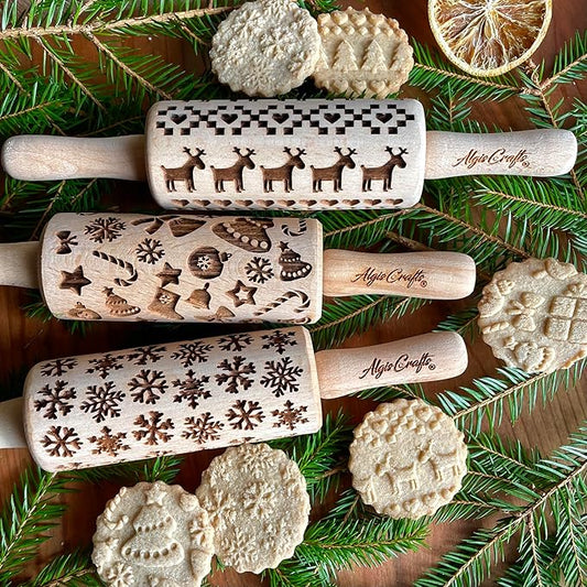 CHRISTMAS 3 KID ROLLING PIN SET WOODEN LASER ENGRAVED EMBOSSED DOUGH ROLLER for EMBOSSED COOKIES by AlgisCrafts