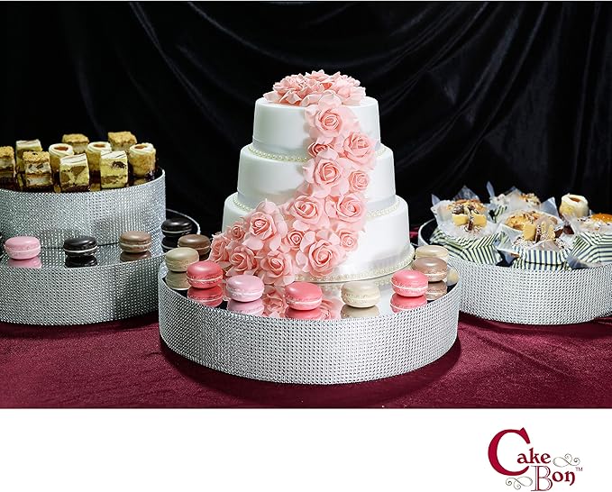 Cakebon Cake Stands - 12" Silver with Faux Rhinestones for Cakes and Pastries - Lightweight Polystyrene Foam for Party, Sturdy Wedding Cake Stand