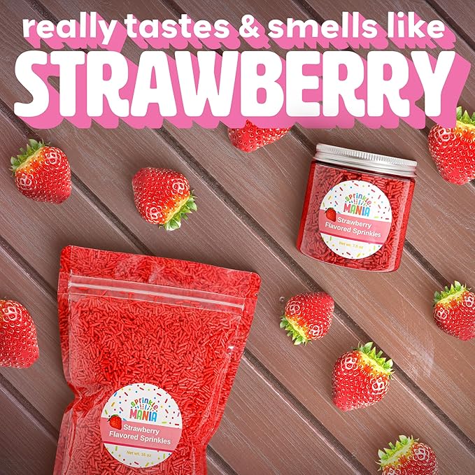 Flavored Strawberry Sprinkles for Ice Cream Drinks & Cake - Our Edible Strawberry Sprinkles Taste Just Like Strawberries - Our Flavored Jimmies Use Cane Sugar & Are Free from Red 3 & Red 40 (16oz)