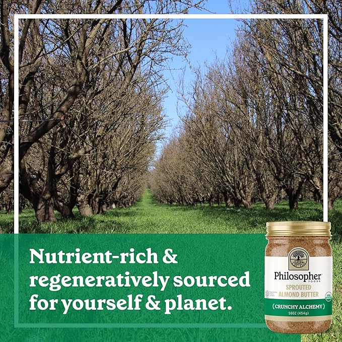 Philosopher Foods - Crunchy Alchemy Organic Sprouted Almond Nut Butter - 16 oz - Stone Ground Regenerative Organic Crunchy Almond Butter with Coconut Oil, Vanilla, and Ancient Seabed Salt