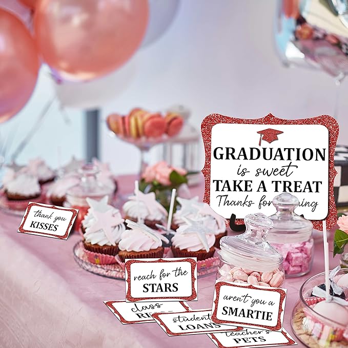 20PCS Graduation Candy Buffet Labels, 1 Red Glitter Candy Buffet Table Sign with Stand, Catering Supplies Display for Graduation Decorations Class of 2026 -A04-2