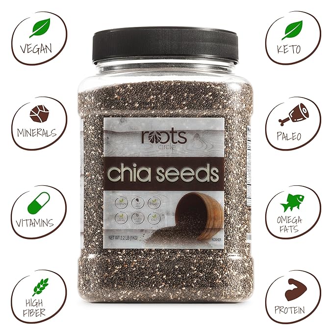 Roots Circle Non-GMO Chia Seeds | 2.2 Pound (Pack of 1) Raw Superfood, Vegan, Kosher, Nut & Gluten Free, Keto & Paleo Friendly | Add Omega 3 & Protein to your Salad, Smoothie, Oatmeal, & Acai Bowl