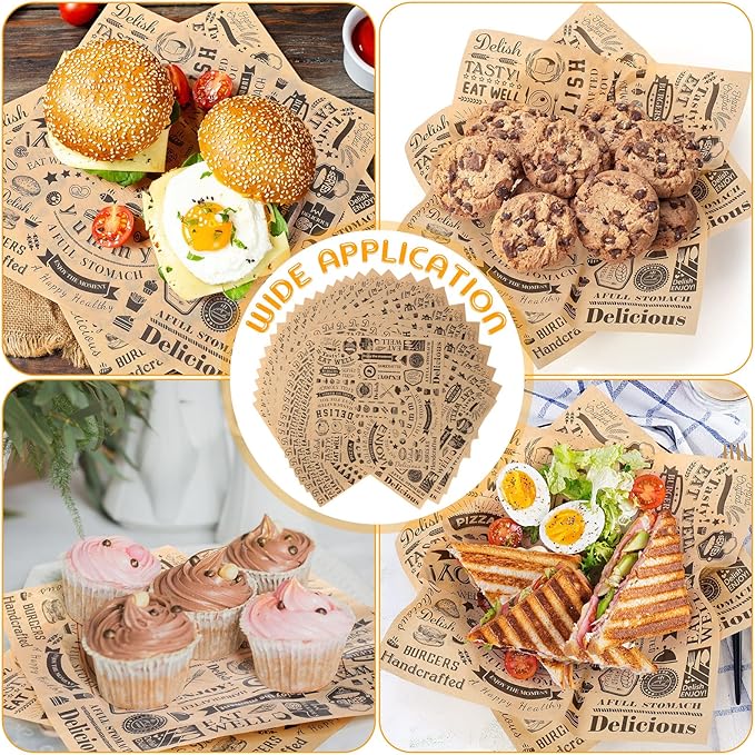 400 Pcs Deli Wax Paper Sheets 15 x 15 Inch Large Newsprint Sandwich Paper Wraps Greaseproof Food Basket Liners Newspaper Wrapping Square for Halloween Christmas Burger Bread BBQ Picnic (Brown Black)