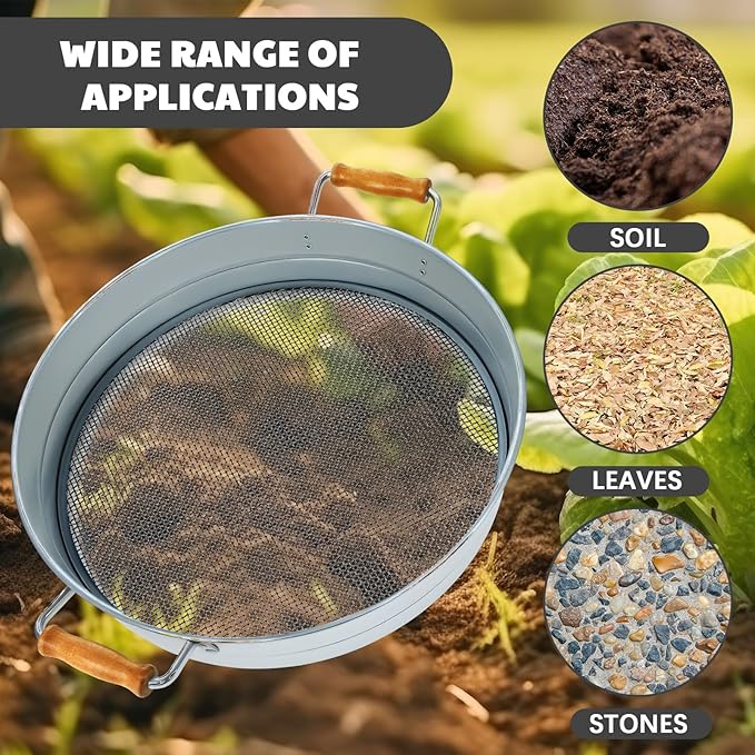 Soil Sifter for Gardening with 1, 3, 6, 9, 12 mm Sieve Mesh Compost Dirt Sifter with Handle Large Garden Sand Soil Rock Sieve 17.7" l x 13.8" W for Sand Rocks Pellet Gravel(Silver)