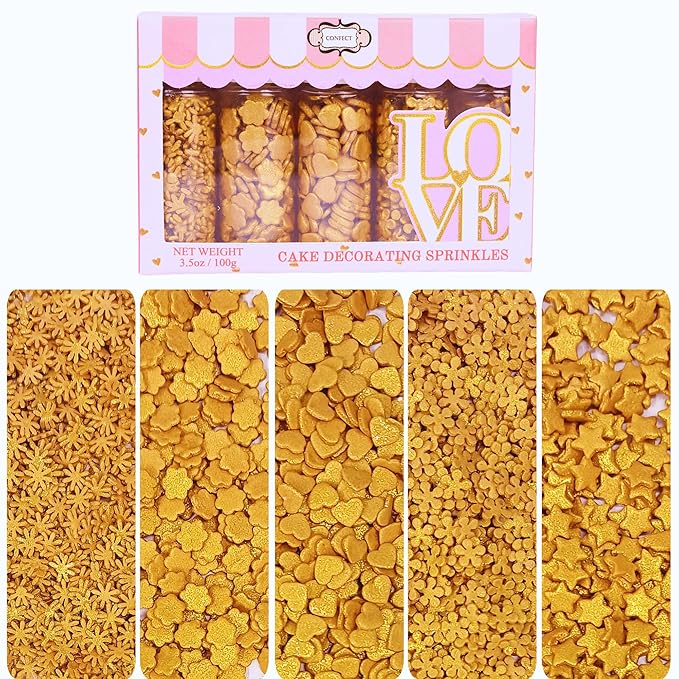 Confect Christmas Sprinkles | Gold Sprinkles | Mix Heart & Star | Flower & Snowflakes For Cake Decorating Sprinkle | Edible Sprinkle for Cupcakes - Vegan, Gluten-Free, Nut-Free, Soy-Free, Dairy-Free, Palm Oil-Free- 5 Oz