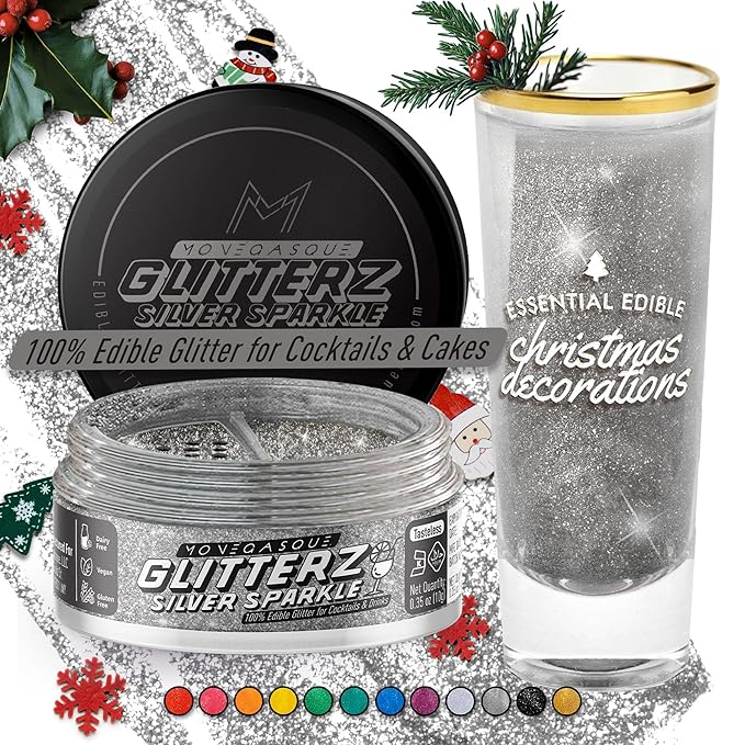 MONÉGASQUE Silver Edible Glitter for Drinks 10g – Silver Edible Glitter for Cakes – Drink Shimmer Powder for Cocktails Sparkles – Christmas Cake Decorations Spray – Cupcake & Cake Decorating Sprinkles