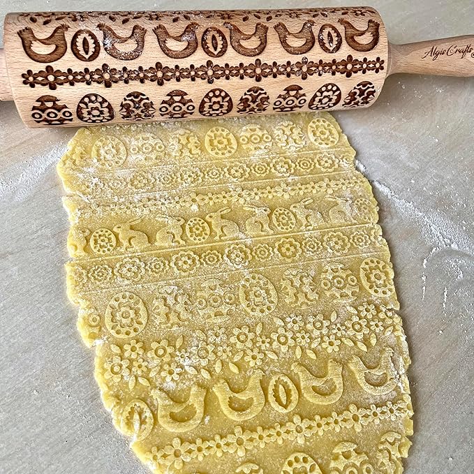EASTER RIBBON Embossing Rolling Pin embossed Dogh Roller for Embossed Cookies and Pottery by Algis Crafts (Easter Bunnies)