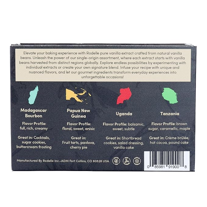 Rodelle Single Origin Vanilla Extract Gift Pack, 4 - 1 Fl oz bottles, Madagascar Bourbon, Papua New Guinea, Uganda, Tanzania