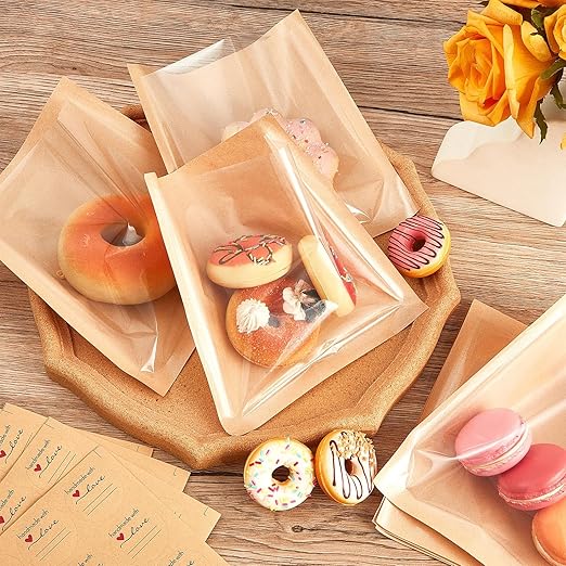 Outus 30 Pcs Cookie Packaging Bags with Seal, 7.1 x 7.5 Inch Bakery Pastry Bags with Window, Heat Sealable Grease Resistant Paper to Go Bake Sleeves for Gift Giving Donut Bread Sandwich (Brown)