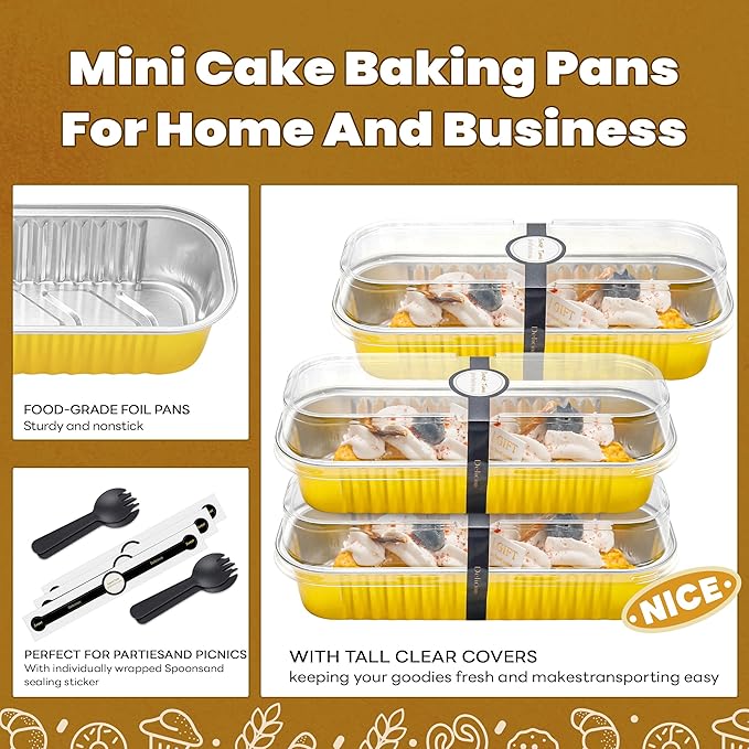 100 PACK Mini Cake Pans with Lids and Spoons, Rectangular Aluminum Foil Bread Pan, Mini Loaf Pans and Food Containers with Lids(Gold, 6.8oz)