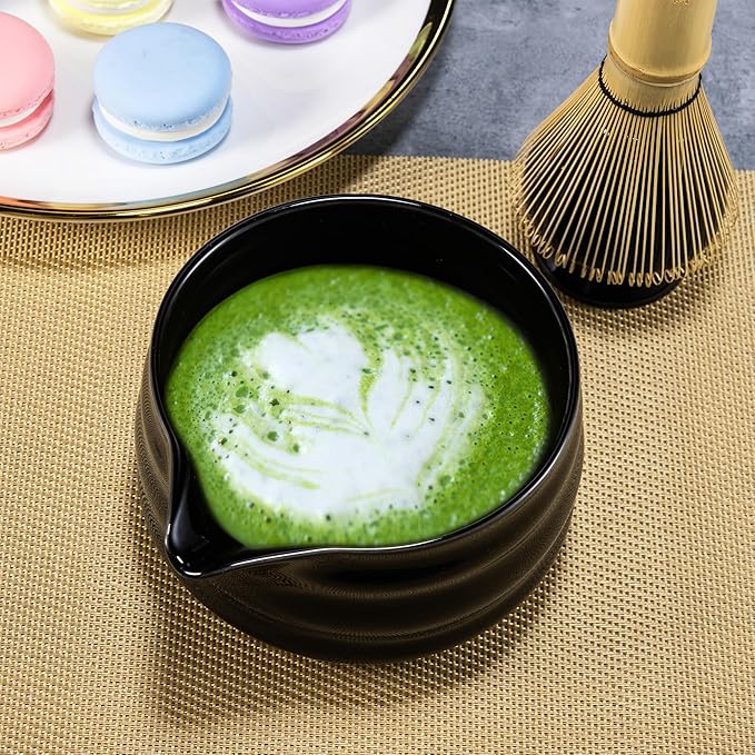 Matcha Whisk Set- Matcha Set includes Matcha Whisk and Bowl (Bowl with Spout), Sifter, Holder and Scoop- The Perfect Bamboo Whisk for Matcha Tea (Black- 7PC)