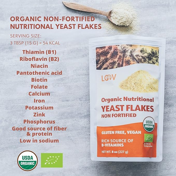 LOOV Organic Non-Fortified Nutritional Yeast Flakes - Vegan, Gluten Free, Non-GMO Unfortified Nooch - Good Source of Natural B-Vitamins - No Added Salt or Sugar - Resealable Bag, 8 Ounces (227 Grams)