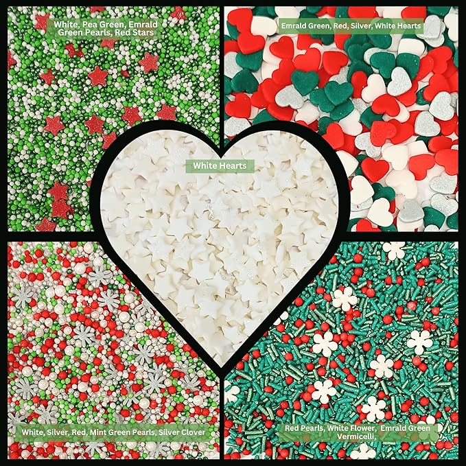 Confect Christmas Sprinkles | Sprinkles for Baking & Cake Decorative | Assorted pack of 5 Silver, Red, Green & White I Heart, stars, Snowflakes sparkling sugar | Cookie sprinkles| Dessert Decorating