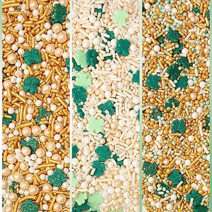 Confect Edible Sprinkles Mix Pack of 5 (5 oz) – Green, Gold & White Sprinkles for Baking – Cake, Cupcake & Cookie Decorations for St. Patrick’s Day, Birthdays & Celebrations | Vegan, Gluten-Free, Nut-Free, Soy-Free, Dairy-Free, Palm Oil-Free - 5 Oz