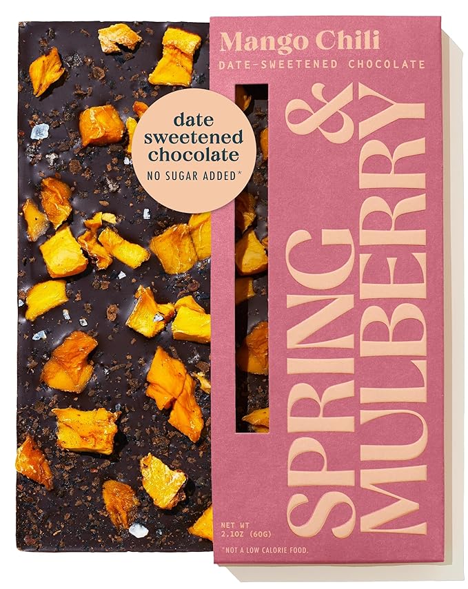 Spring & Mulberry Dark Chocolate Bars – Healthy Chocolate, Date-Sweetened - Mango Chili 12 Pack